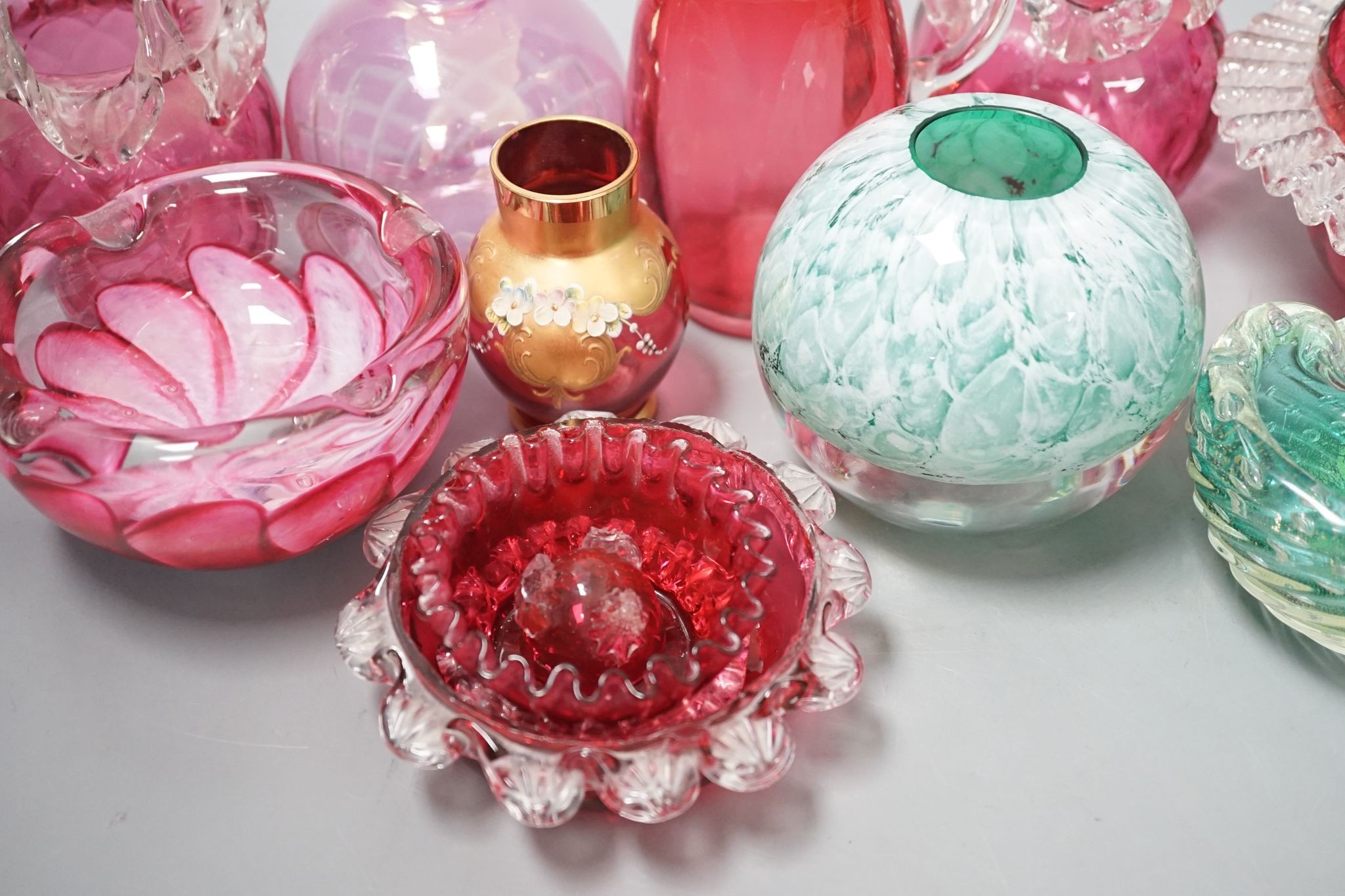 A group of small Cranberry and green glass vases, bowls etc. (12)
